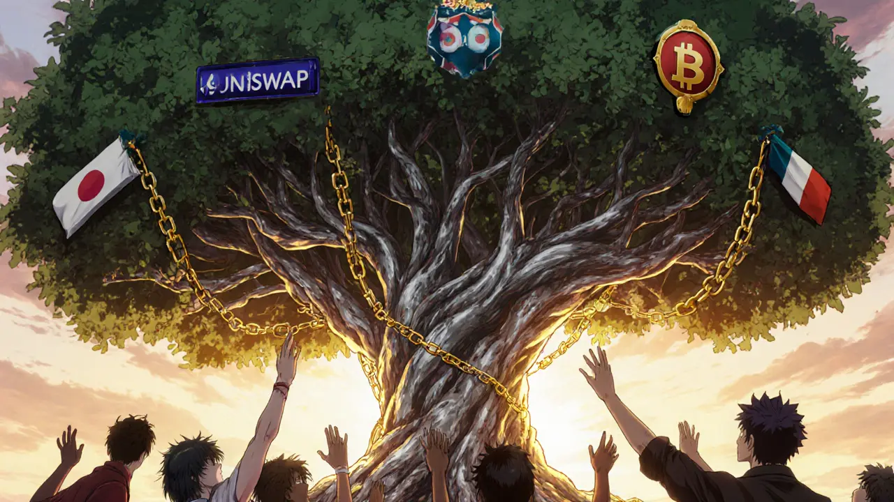 A corporate blockchain tree bound by chains to sanction flags, while true DeFi trees grow freely across borders.