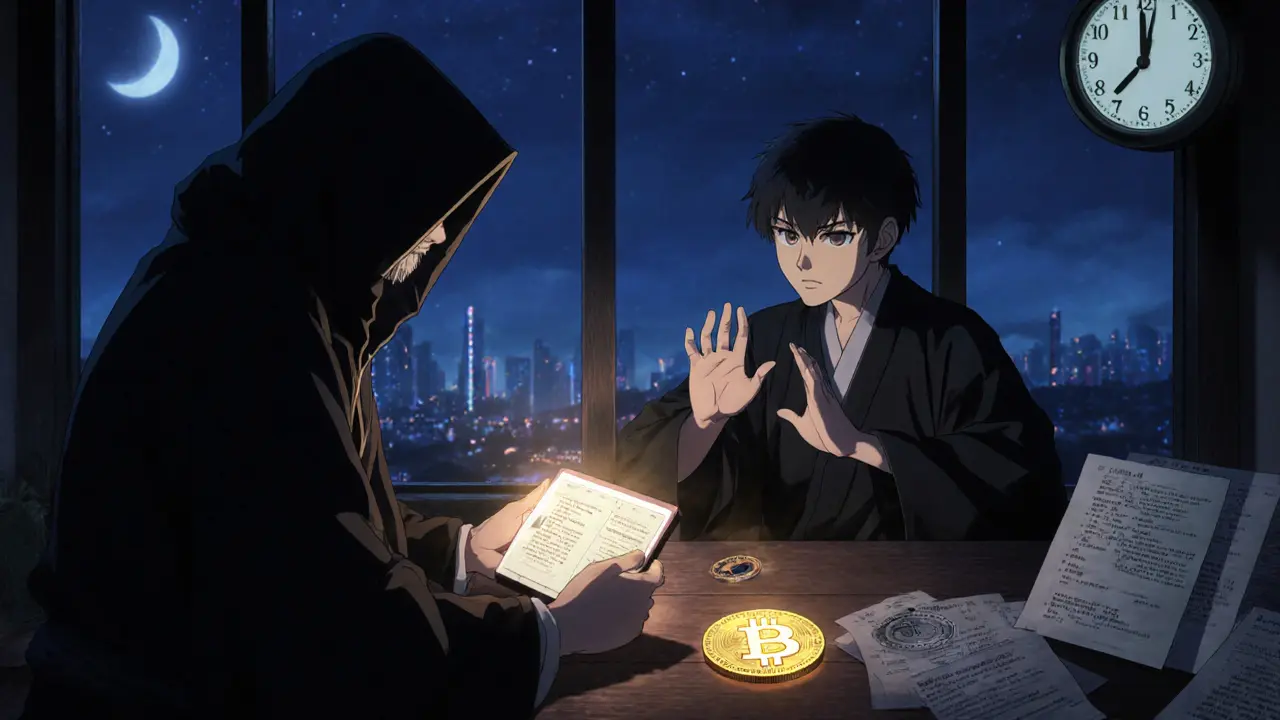 A mentor and apprentice in a Bitcoin dojo performing a wallet swap under a 3 AM UTC moonlight.