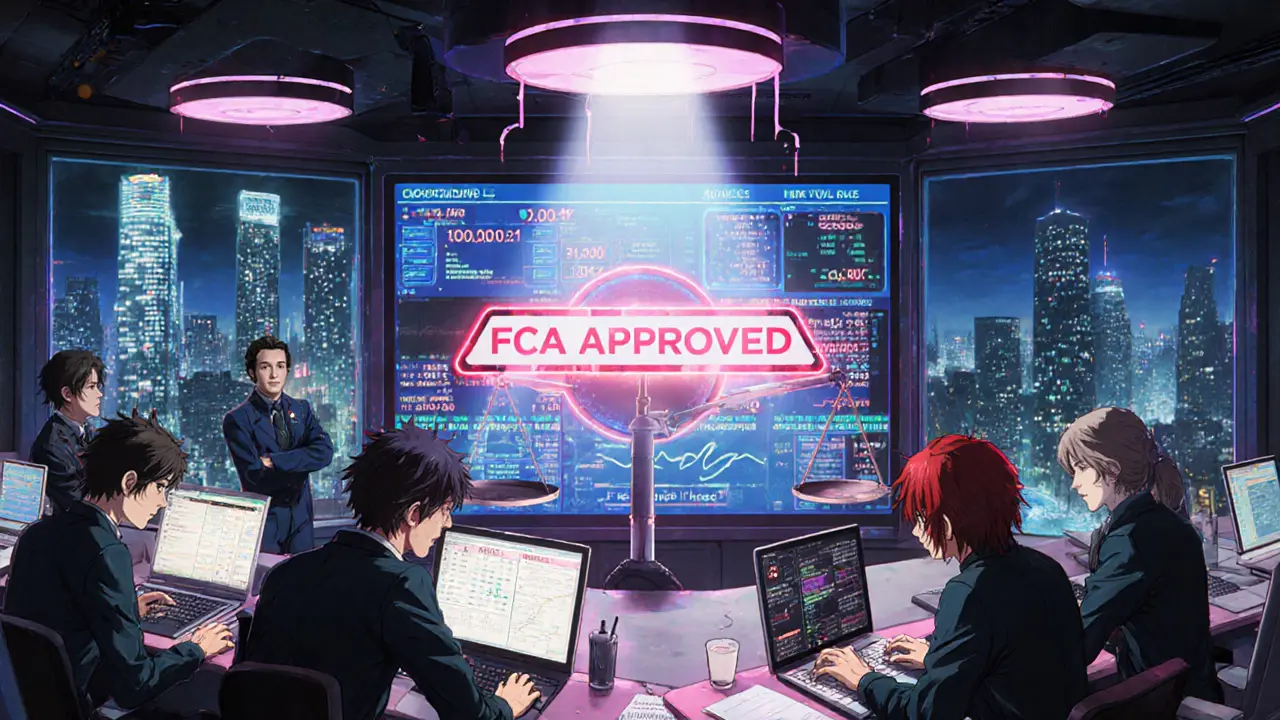 A team of operators in a neon-lit command center connecting a Travel Rule system with real-time transaction alerts.