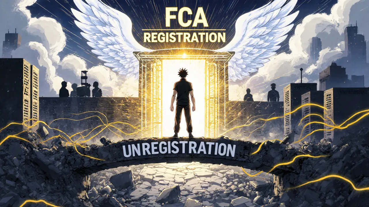 An entrepreneur reaching toward a glowing FCA registration gate as their unregistered business crumbles behind them.