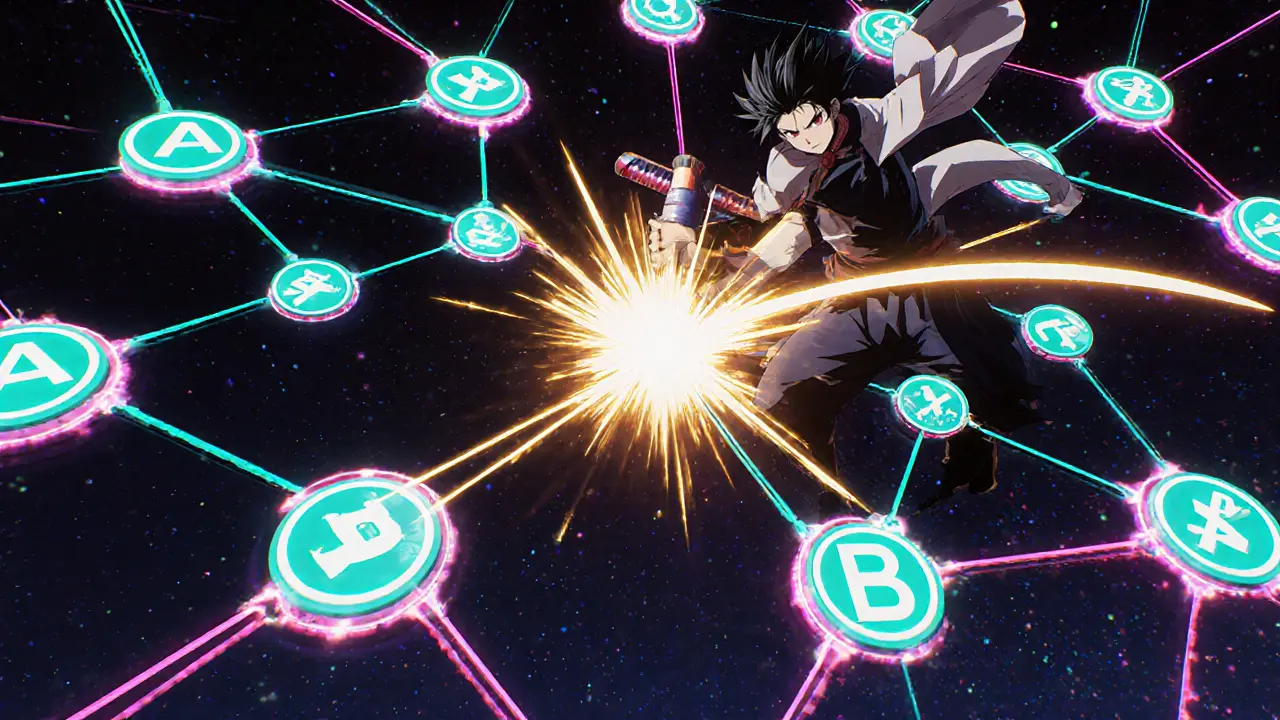 Anime action scene of the token hero cutting a long swap path into a short bridge in a glowing graph.