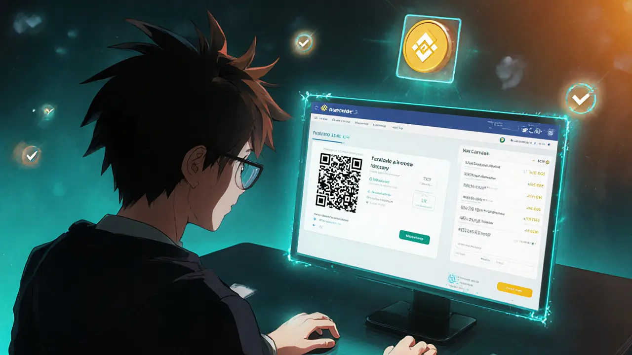 Anime character claiming Faraland airdrop using QR code on Binance Live screen.