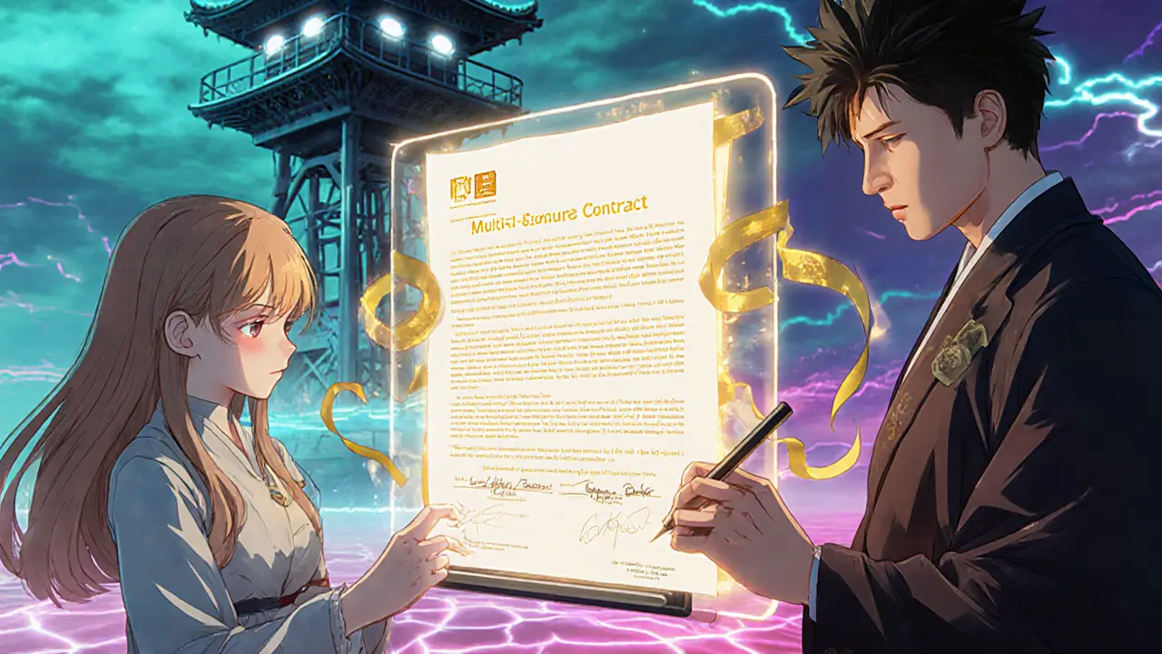 Anime characters exchanging holographic signatures over a glowing contract with a watchtower robot nearby.