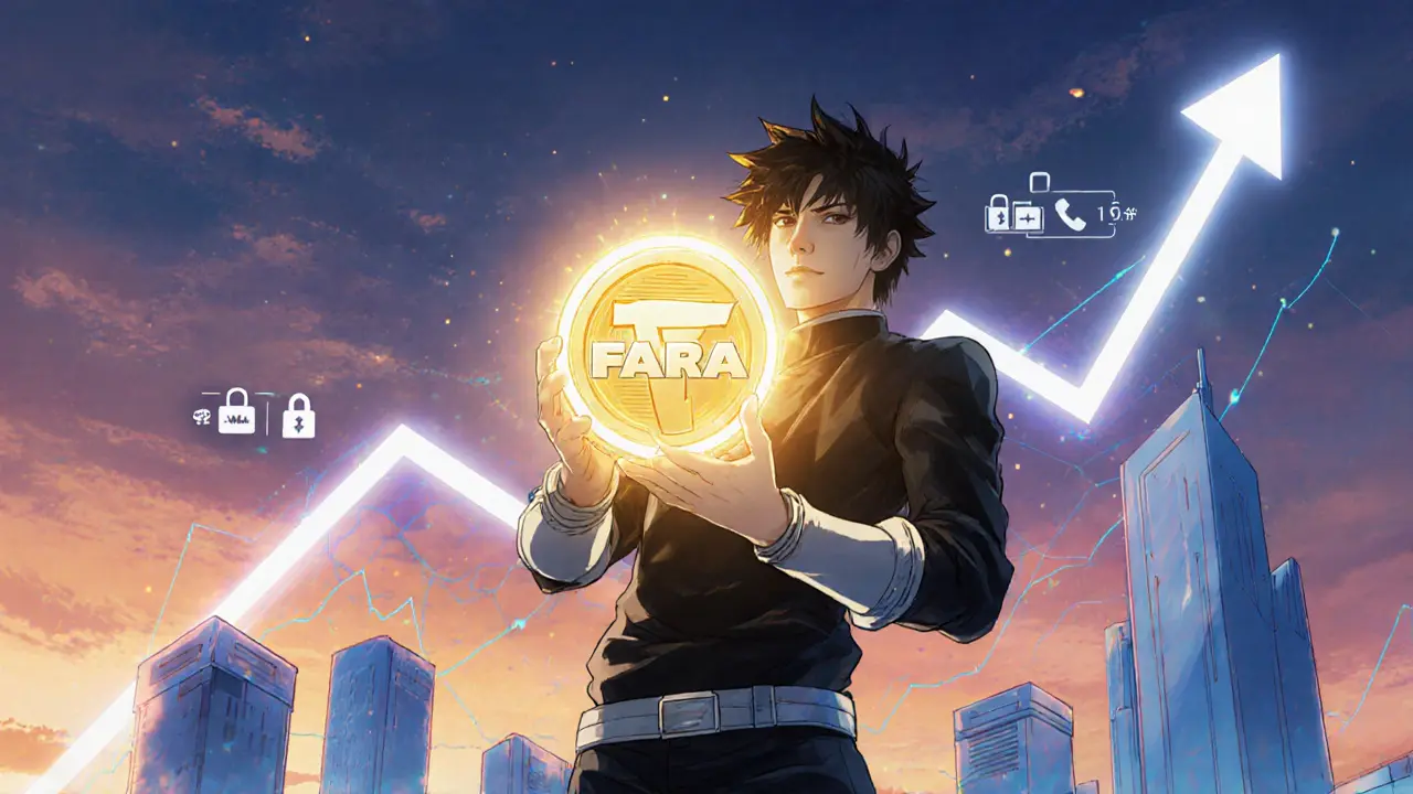 Anime hero holding glowing FARA token with rising market chart in futuristic city.