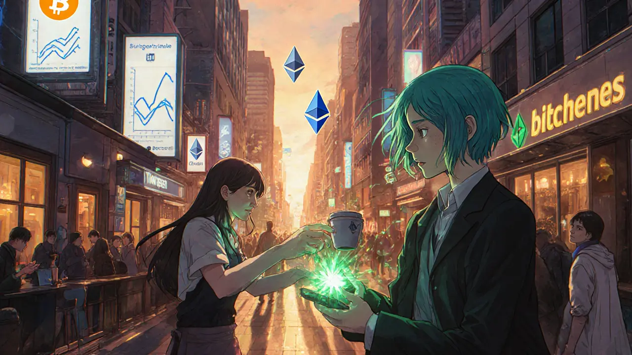 City street where people instantly pay for coffee using handheld devices with lightning channel icons.