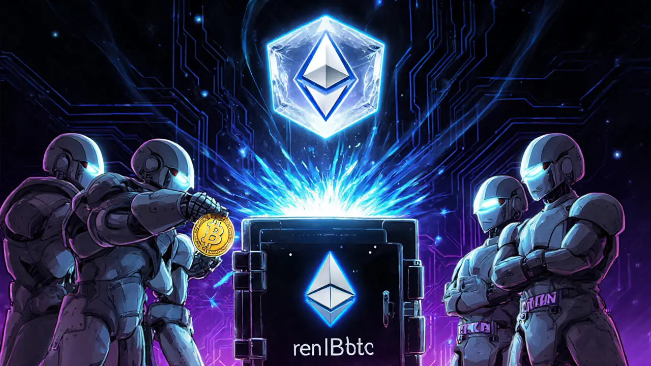 Darknode robots lock a Bitcoin coin, generate a zkSNARK crystal, and mint renBTC token.
