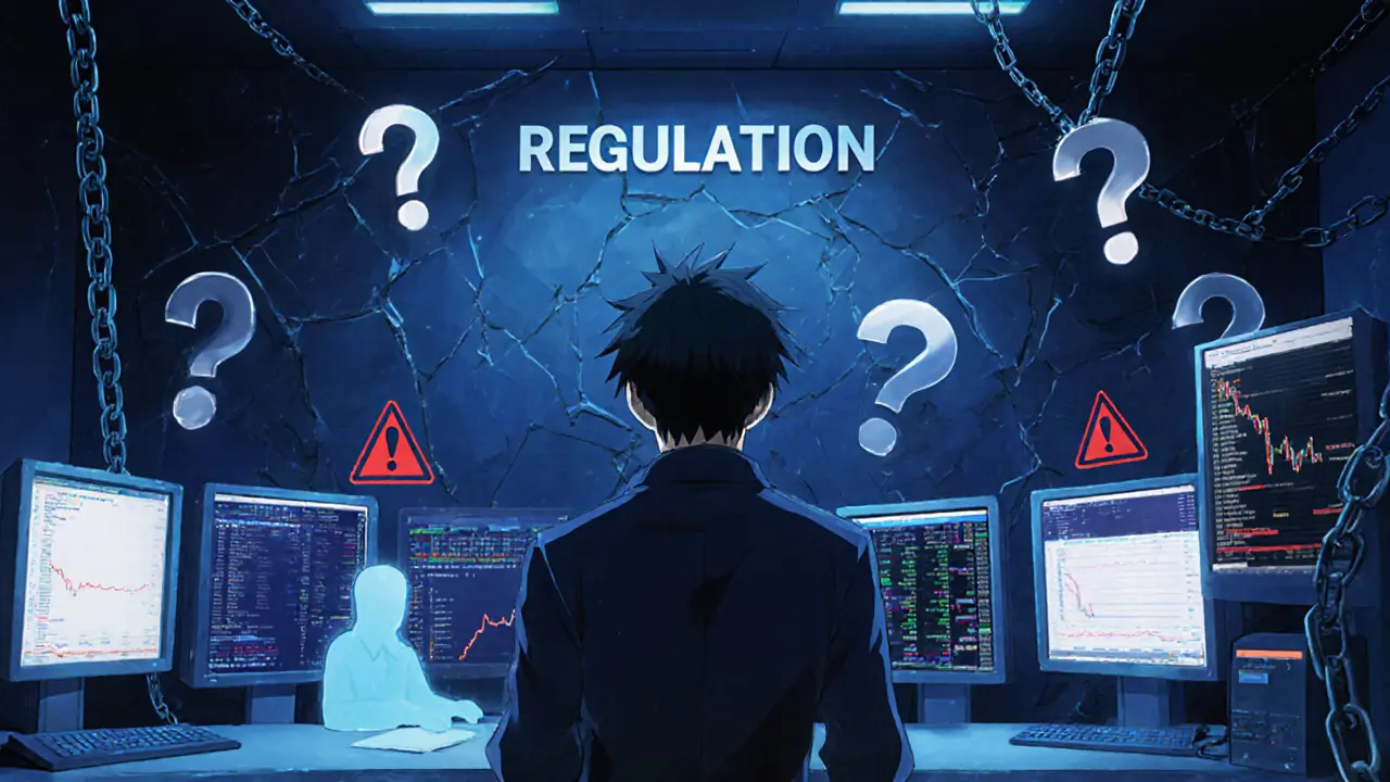 Dim control room shows broken chains, missing regulatory logos, and empty support desk.