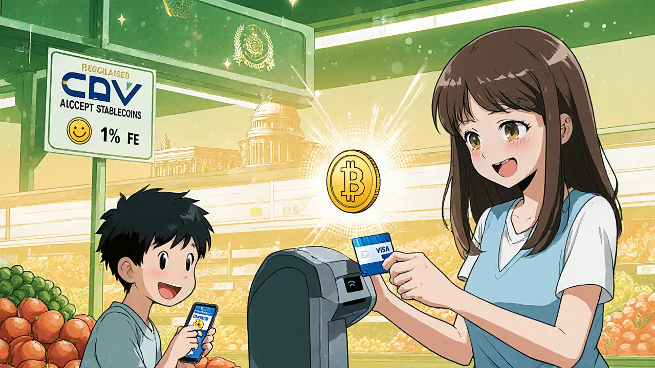 Family paying for groceries with a stablecoin-linked Visa card, smiling.