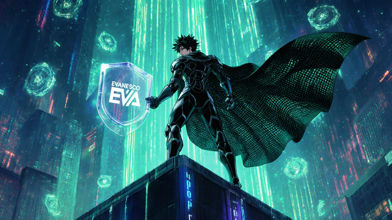 Futuristic hero on skyscraper holding EVA shield, cyber city background.