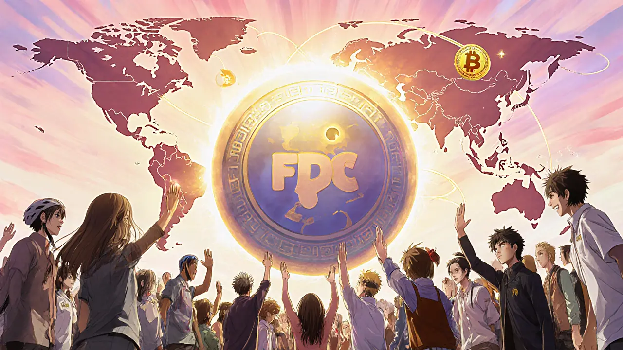 Global community of riders and merchants gathered around a glowing FDC token, voting and staking.