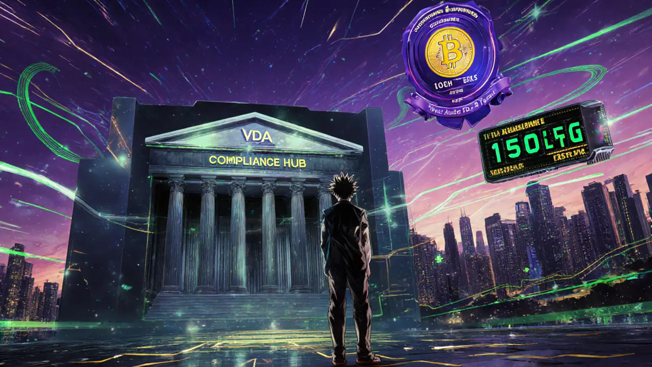 Hero before a digital compliance portal with VASP licensing badge and Bitcoin ETF ticker in a futuristic city.
