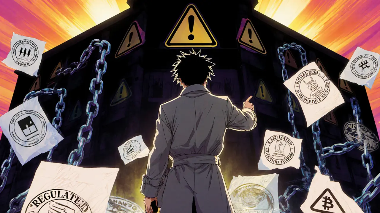 Hero confronting a shadowy building with warning symbols and regulatory documents.