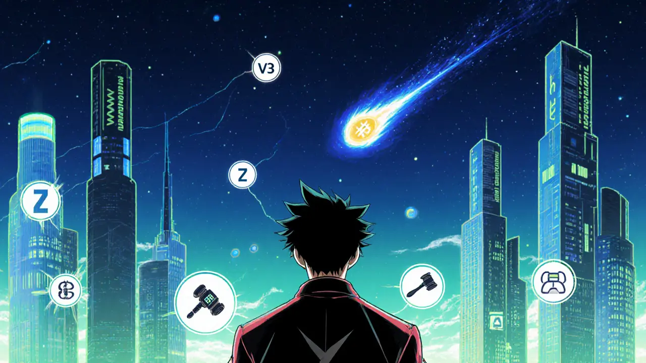 Hero gazing at blockchain skyline with V3 comet, zero‑knowledge symbols, and icons of liquidity challenges.