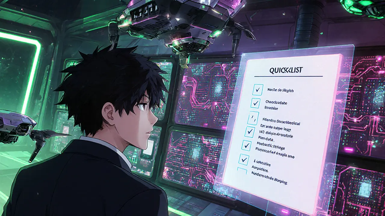 Hero monitors a high‑tech control room with AI sensors, nodes, and a floating implementation checklist.