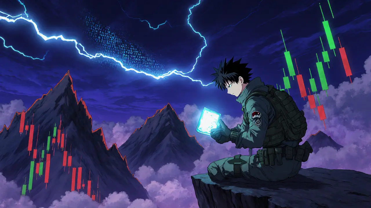 Hero on a cliff grips a hardware wallet while volatile market peaks loom behind.
