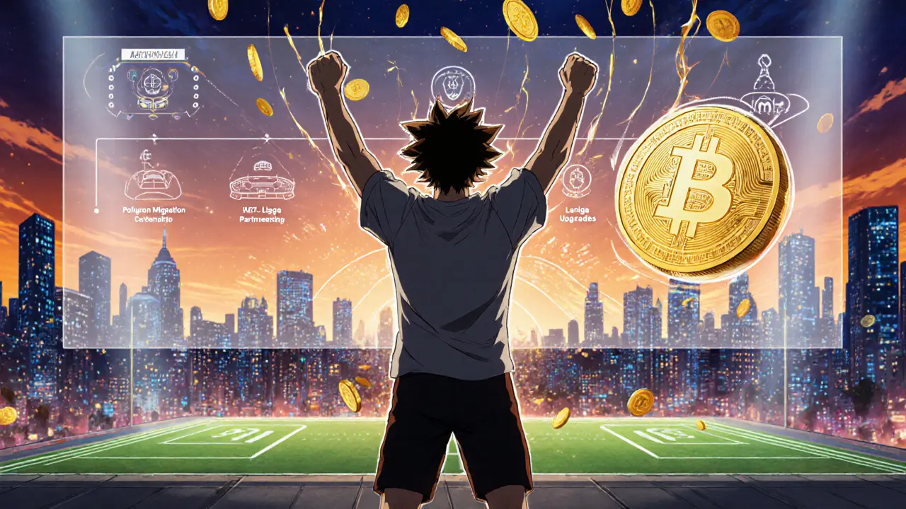 Hero on rooftop claiming airdrop, golden MSU tokens and NFT in hand, roadmap icons of Polygon and LaLiga behind.