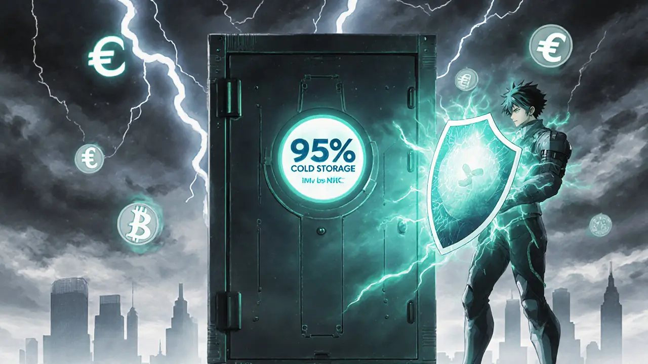 Hero protects a vault marked 95% cold storage, surrounded by iGaming tokens.