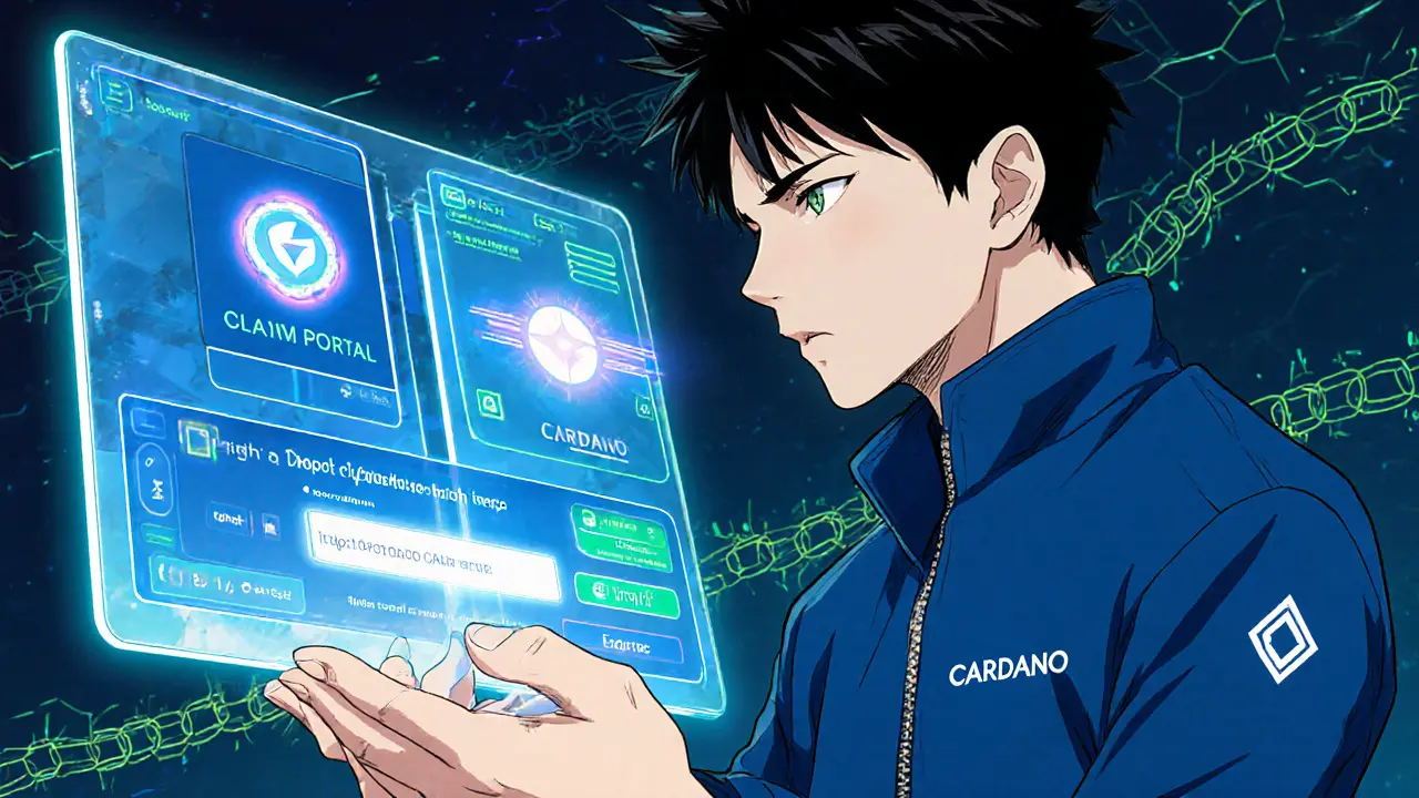 Hero uses holographic claim portal, signs proof, and enters a Cardano address.