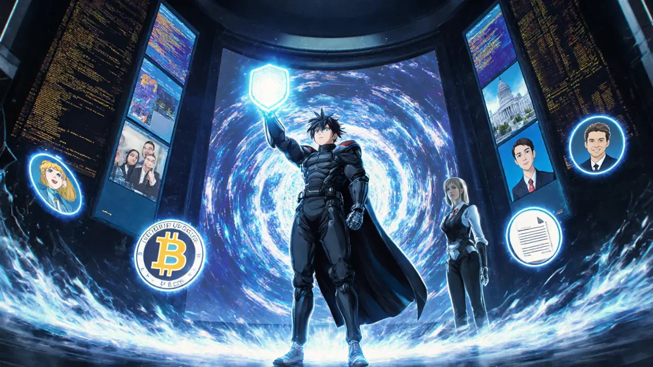 Hero with AI robot in a futuristic hub, showcasing future crypto‑phishing education trends.