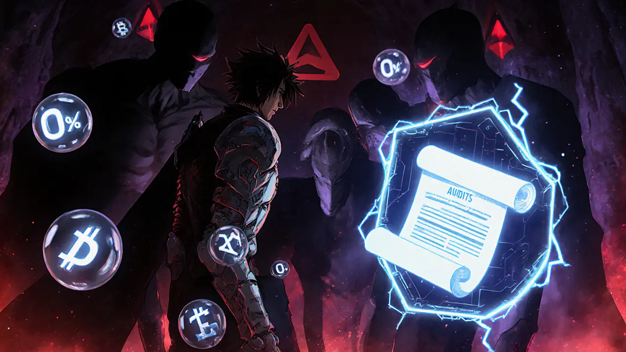 Heroic figure shields against dark symbols of security risks, with fee bubbles and a half‑visible audit scroll.