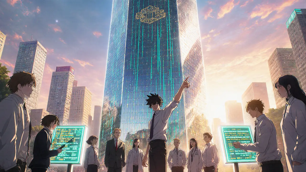 Industry figures gather around a towering blockchain structure in a bright cityscape.