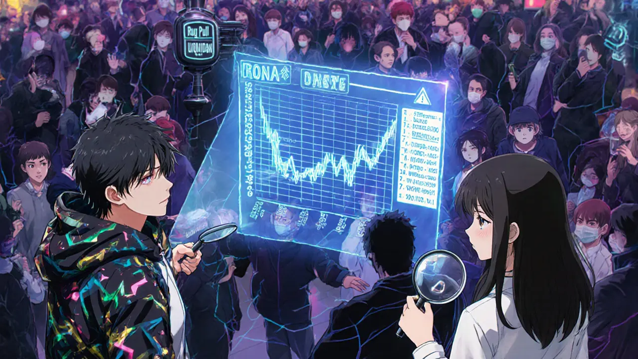 Influencer projecting fake RONDA chart while shadowy figures pull rug pull levers.