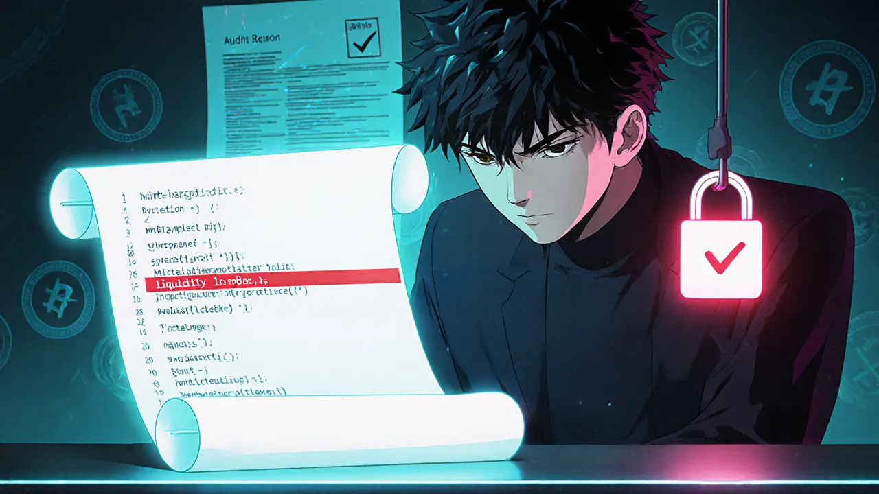 Investigator examines code with hidden mint function, locked liquidity padlock, and audit report.
