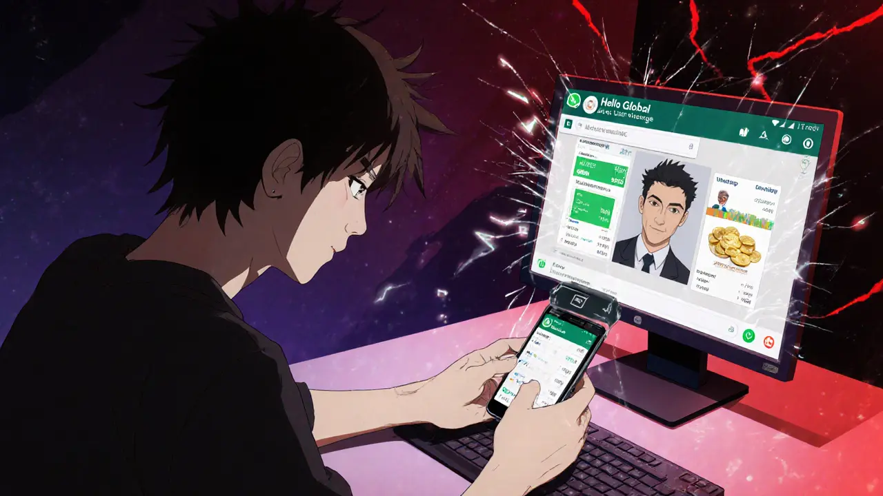 Person looking at a scam app and WhatsApp chat with fake profit screenshots in a dark room.
