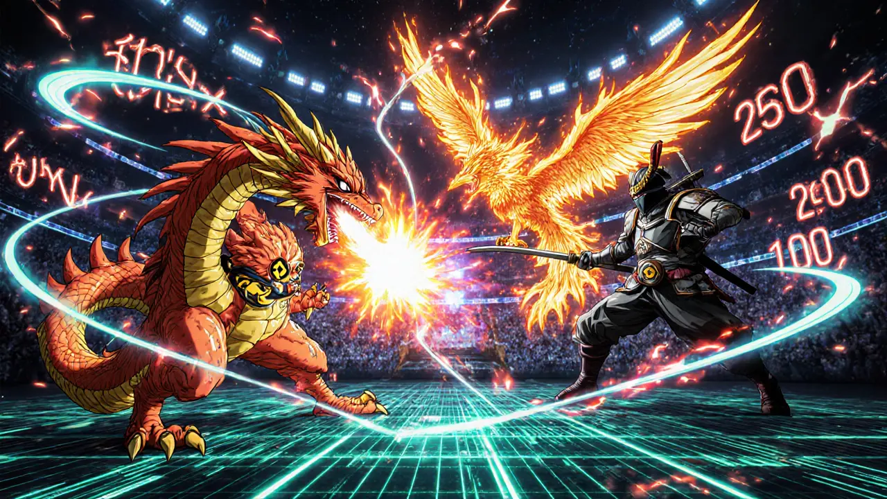 Personified exchange mascots battle in a glowing arena with leverage numbers.