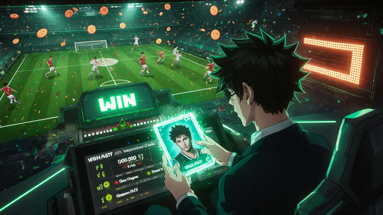 Player watching a virtual soccer match, MSU tokens falling, holding a glowing NFT card, Discord chat bubble nearby.