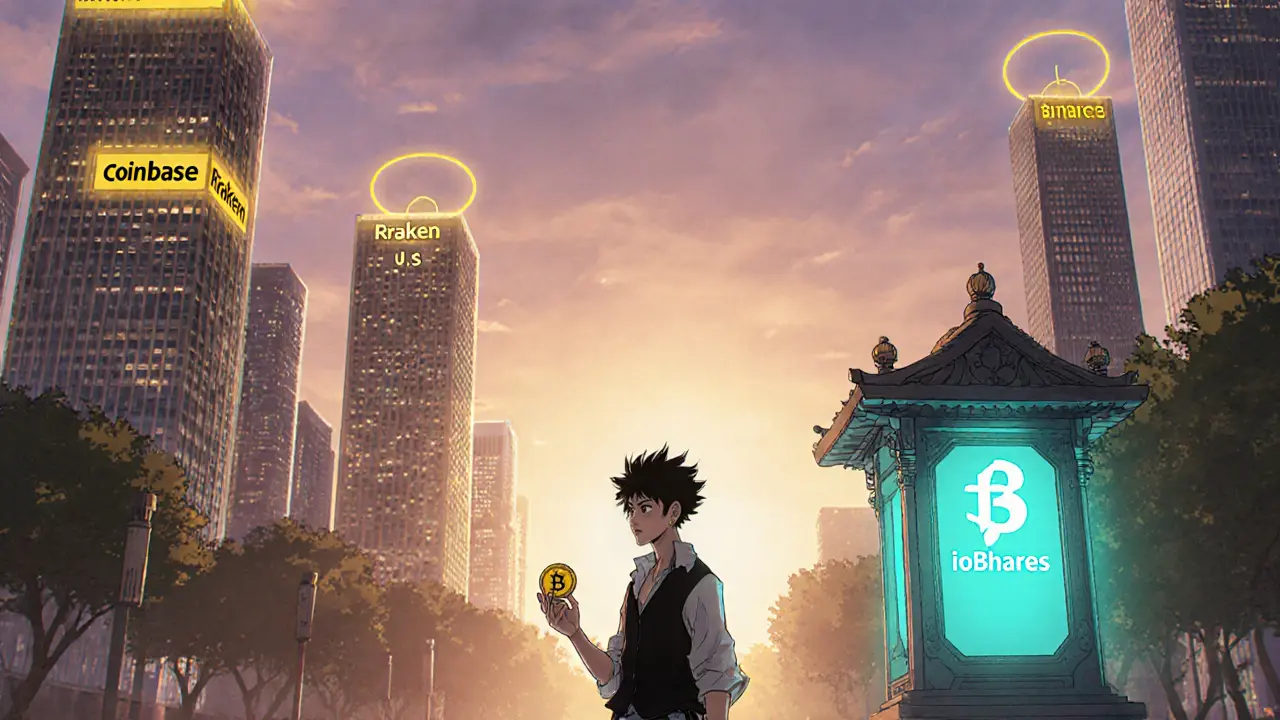 Protagonist chooses between bright major exchange towers and a modest glowing ioBanker shrine.