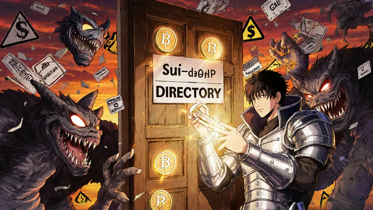 Protagonist holding key to verified Sui dApp door as RONDA monsters reach out from outside.