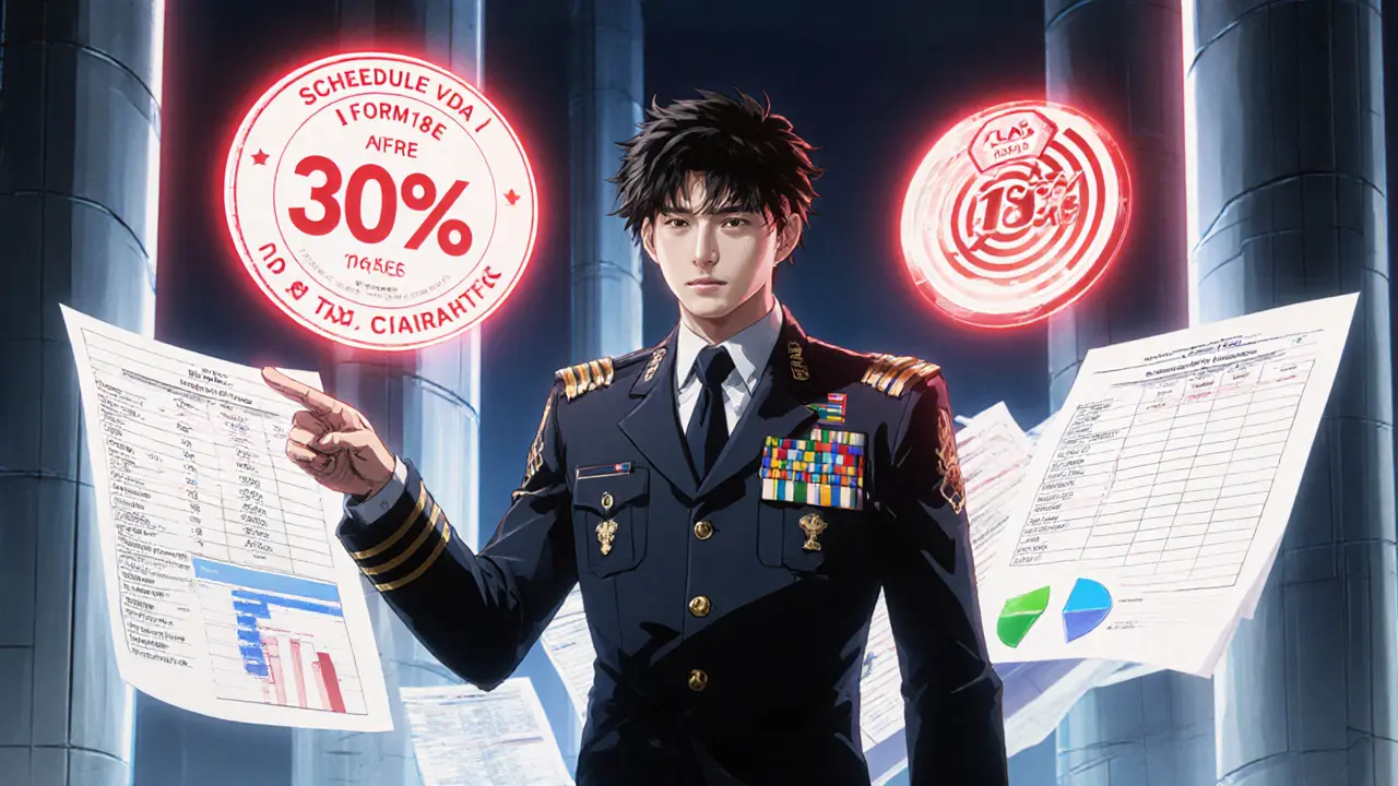 Protagonist in a futuristic tax office with glowing forms showing 30% tax and 1% TDS symbols.