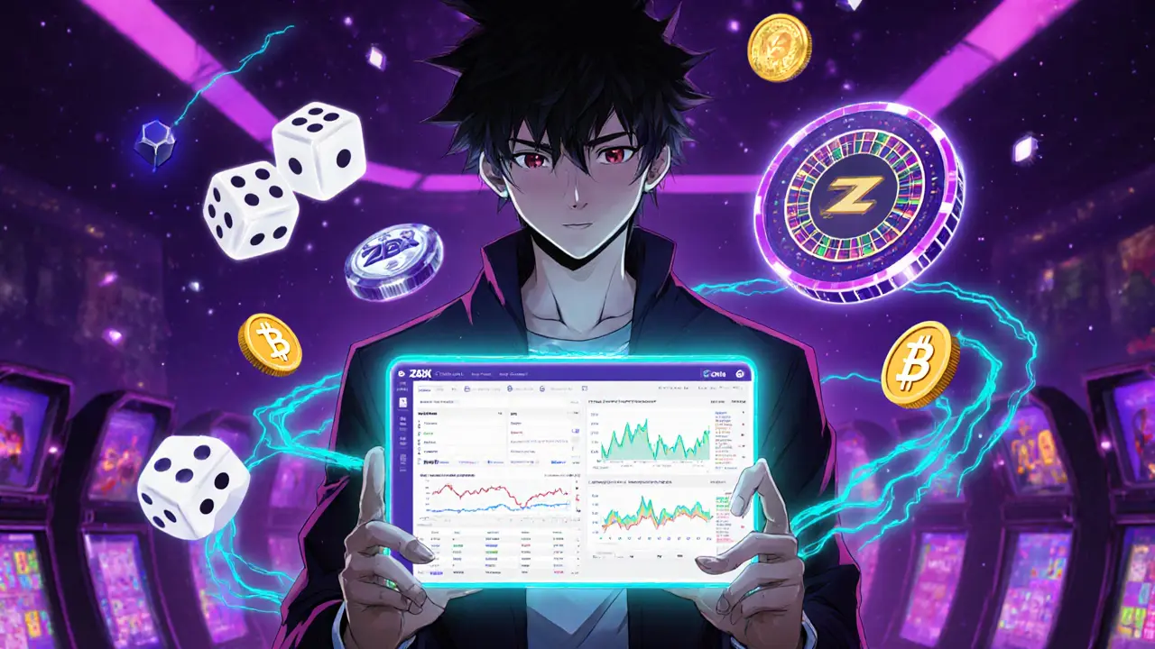 Protagonist uses holographic tablet in neon arcade showing ZBX UI and gaming icons.