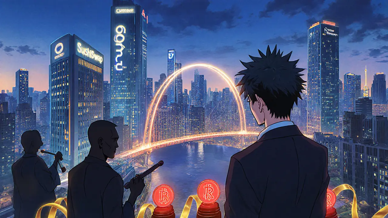 Protagonist watches a DeFi city linked by a Ren bridge with regulatory shadows overhead.