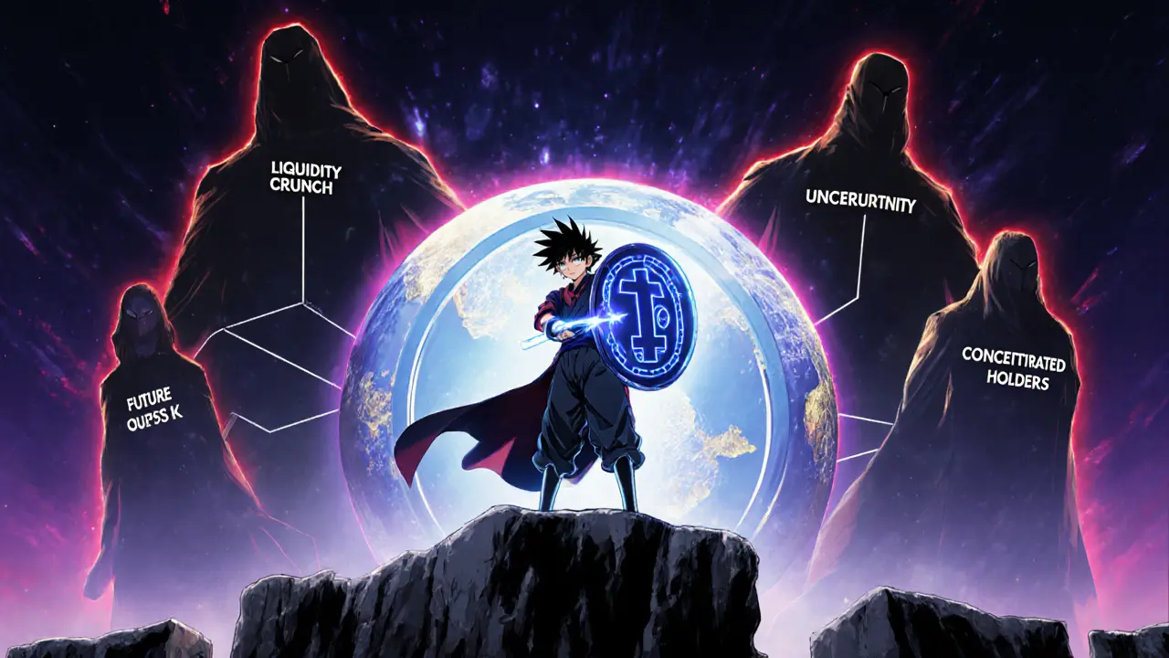 Protagonist with TIPon shield facing looming figures representing liquidity and regulatory risks.