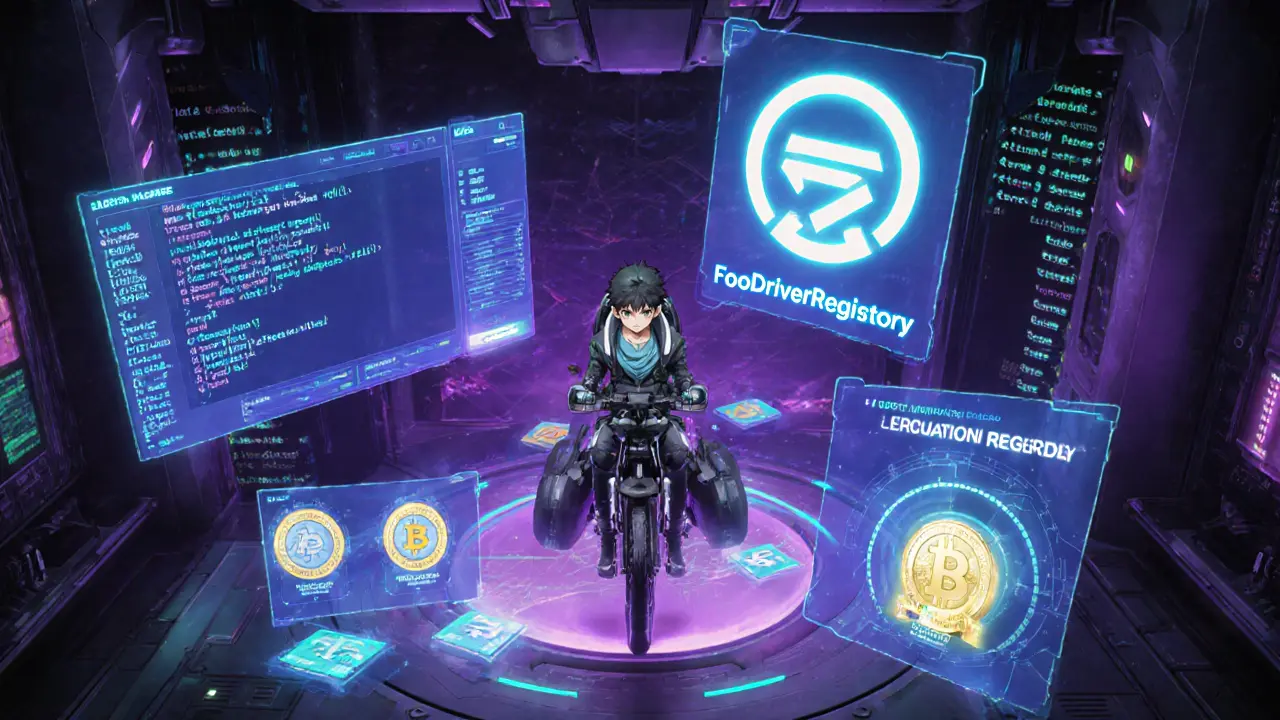 Rider in futuristic hub interacting with holographic smart contract and gaming UI, earning FDC.