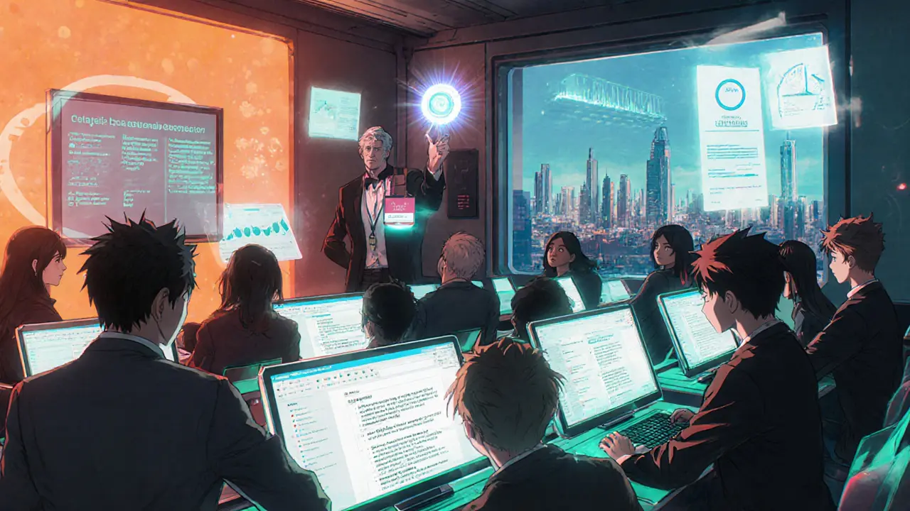 Teen trainees in a holographic classroom learning to spot phishing emails and enable MFA.