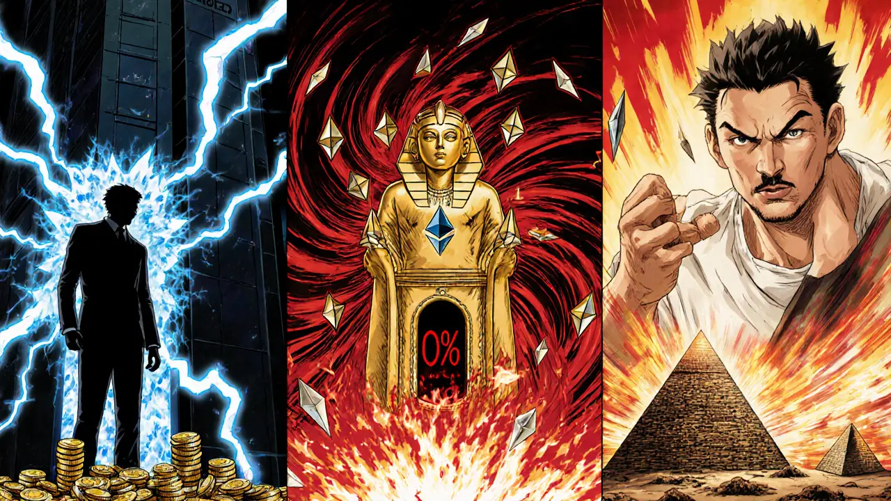 Three panels show Thodex building breaking, AnubisDAO idol draining, BitConnect pyramid exploding.