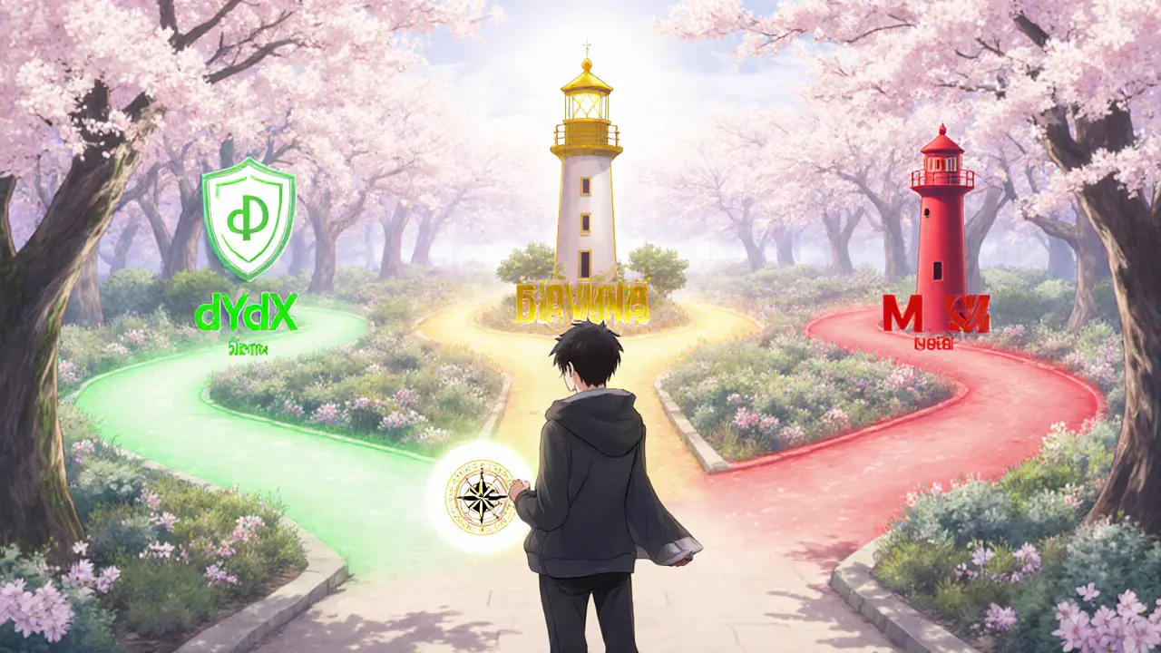 Trader stands before three glowing paths representing security, regulation, and high‑leverage.