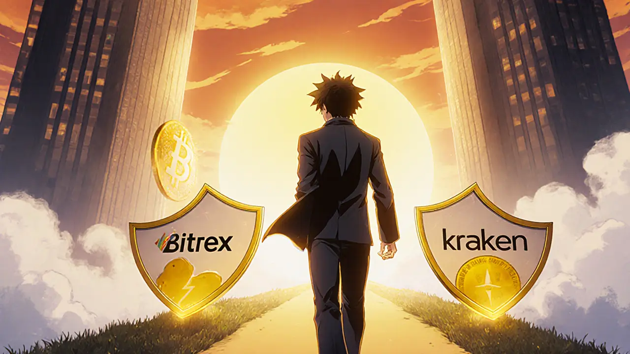 Trader walks toward bright path with reputable exchange logos, leaving BTEX behind.