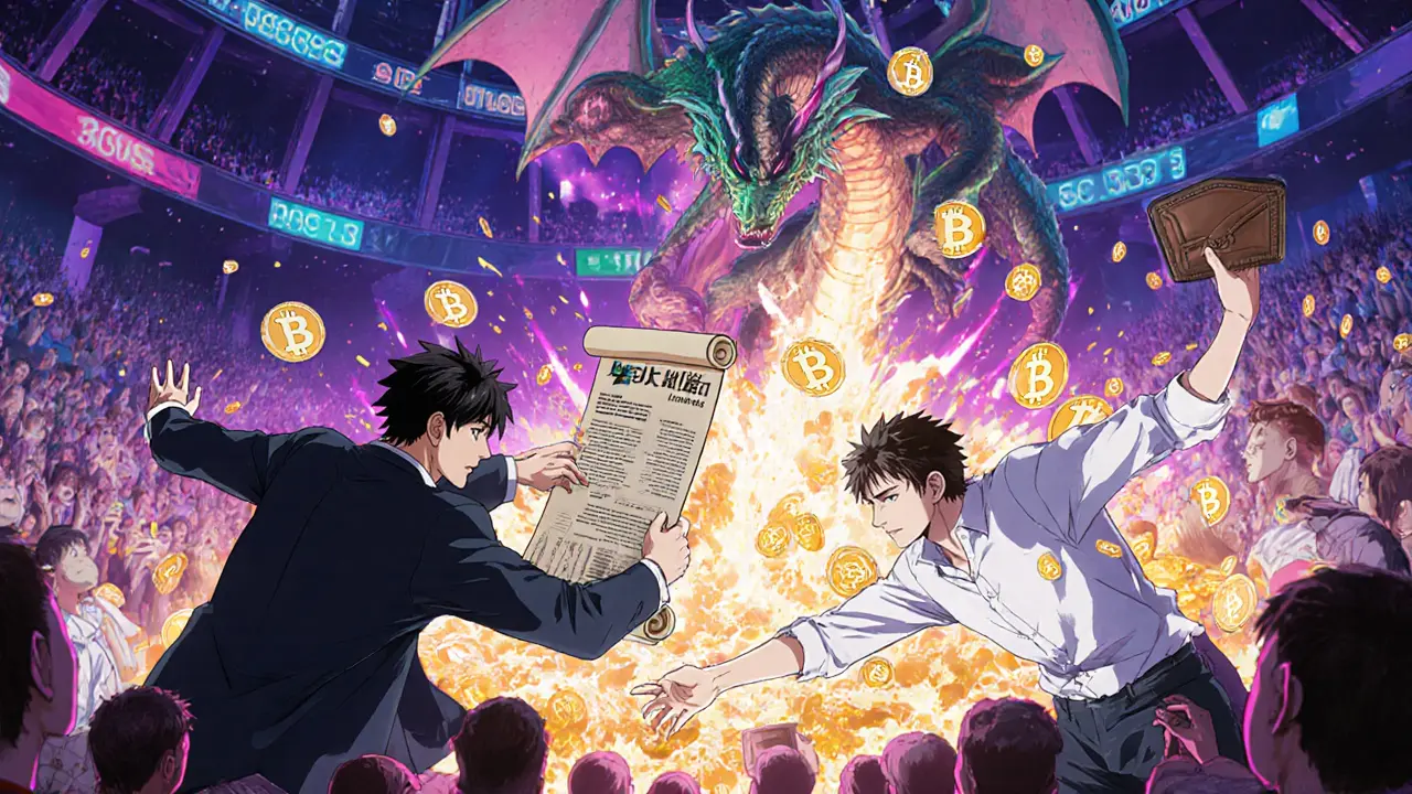 Two traders in a digital arena dueling over a leveraged BTC position with a liquidation dragon looming.
