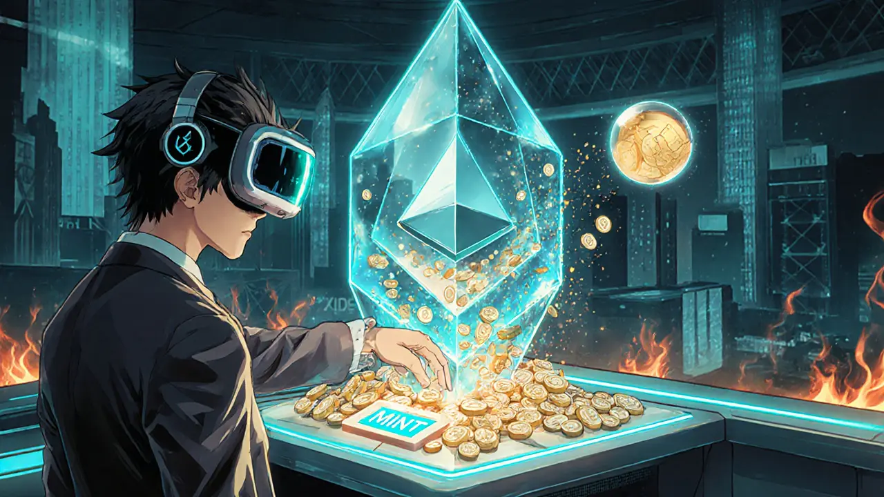 User minting TIPon tokens, cash particles flow into an Ethereum crystal and tokens enter a digital wallet.