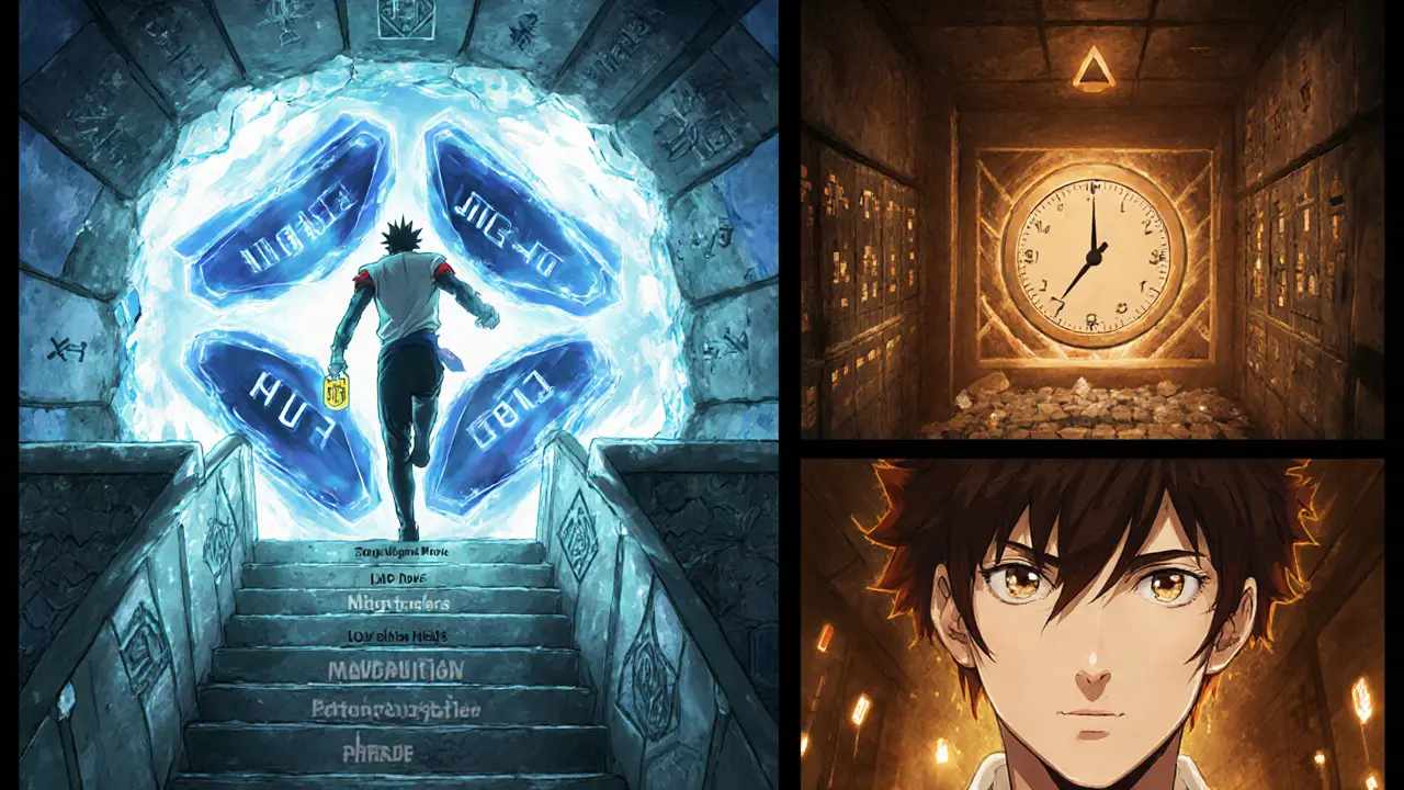 Vault with locked token shards, hero climbing Scavenger Mine stairs toward Lost‑and‑Found.