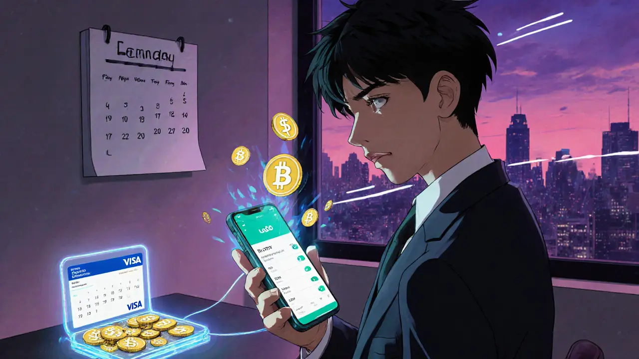 Young Argentine converting salary to USDC with the Lemon app, holding a digital Visa card.
