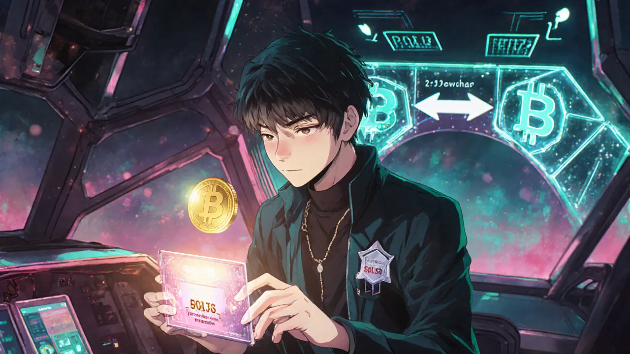 Young trader using a holographic wallet, staking POLS token with a fee discount badge and bridge visual.