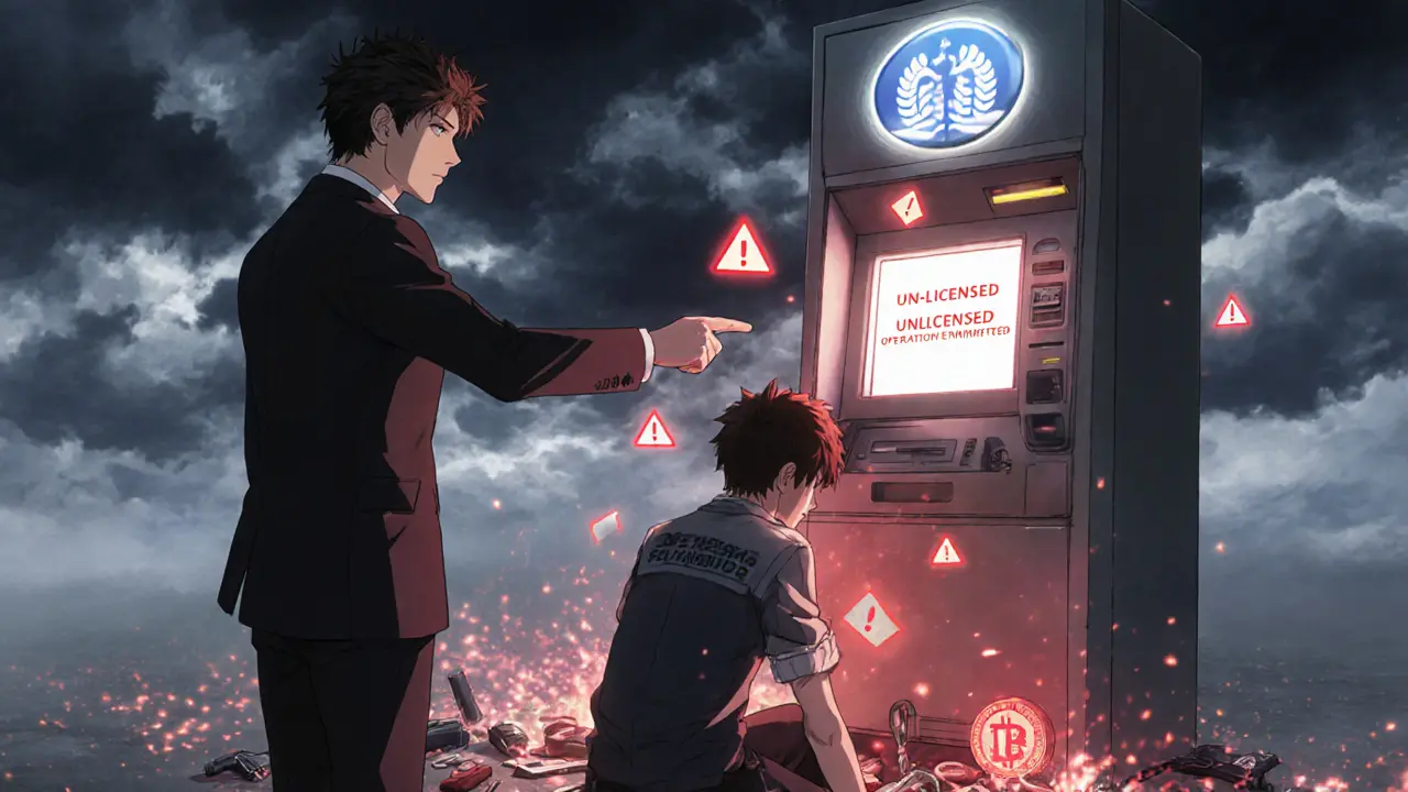 A bank official points at a shut-down Bitcoin ATM as the operator looks on in despair.