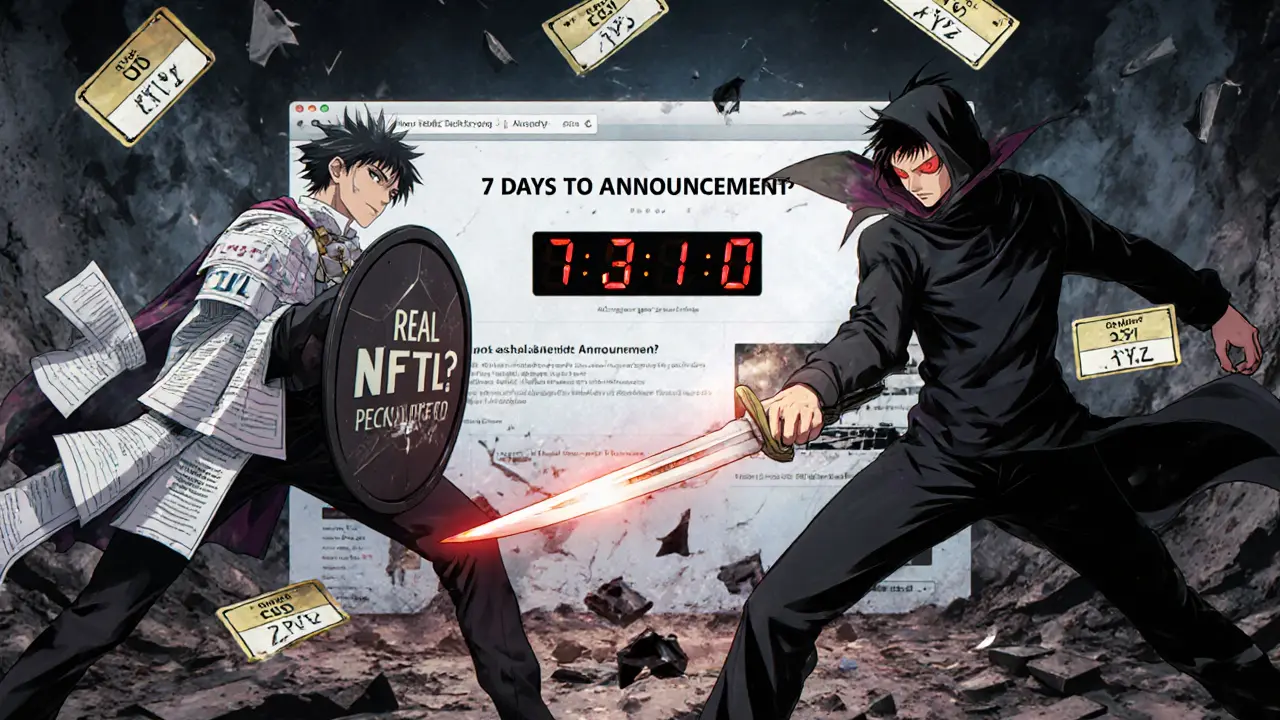 A battle between a verified expert and a scammer, with a countdown timer and crumbling fake NFTs in the background.