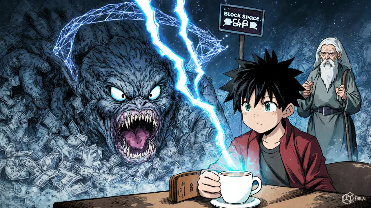 A battle between miners and a mempool monster as a hero uses CPFP to push a stuck transaction into a block.