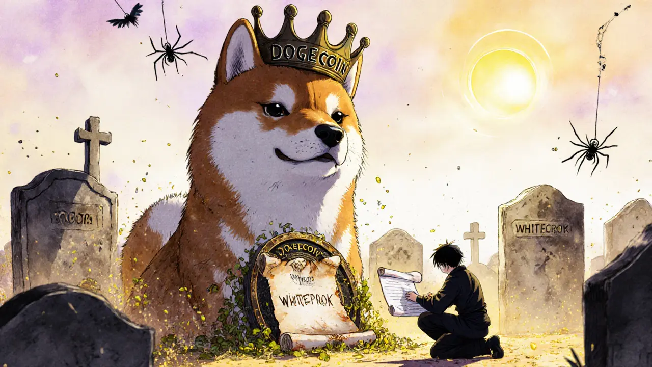 A broken Dogecoin statue towers over a buried Doge Grok token in a graveyard of failed crypto projects.